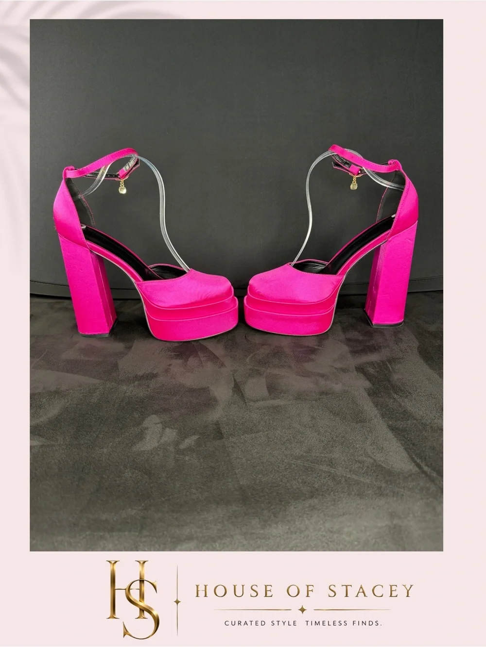 Hot Pink Satin Platform Ankle Strap Block Heels Size 9